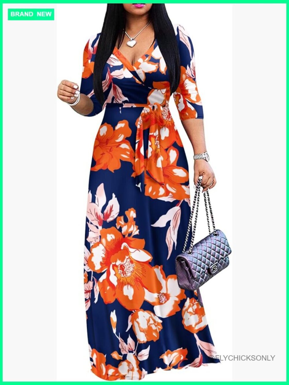 Plus Size Maxi Dress Casual Summer Sundress V-Neck 3/4 Sleeve